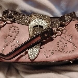 Elegant Pink and Brown Studded Shoulder Bag